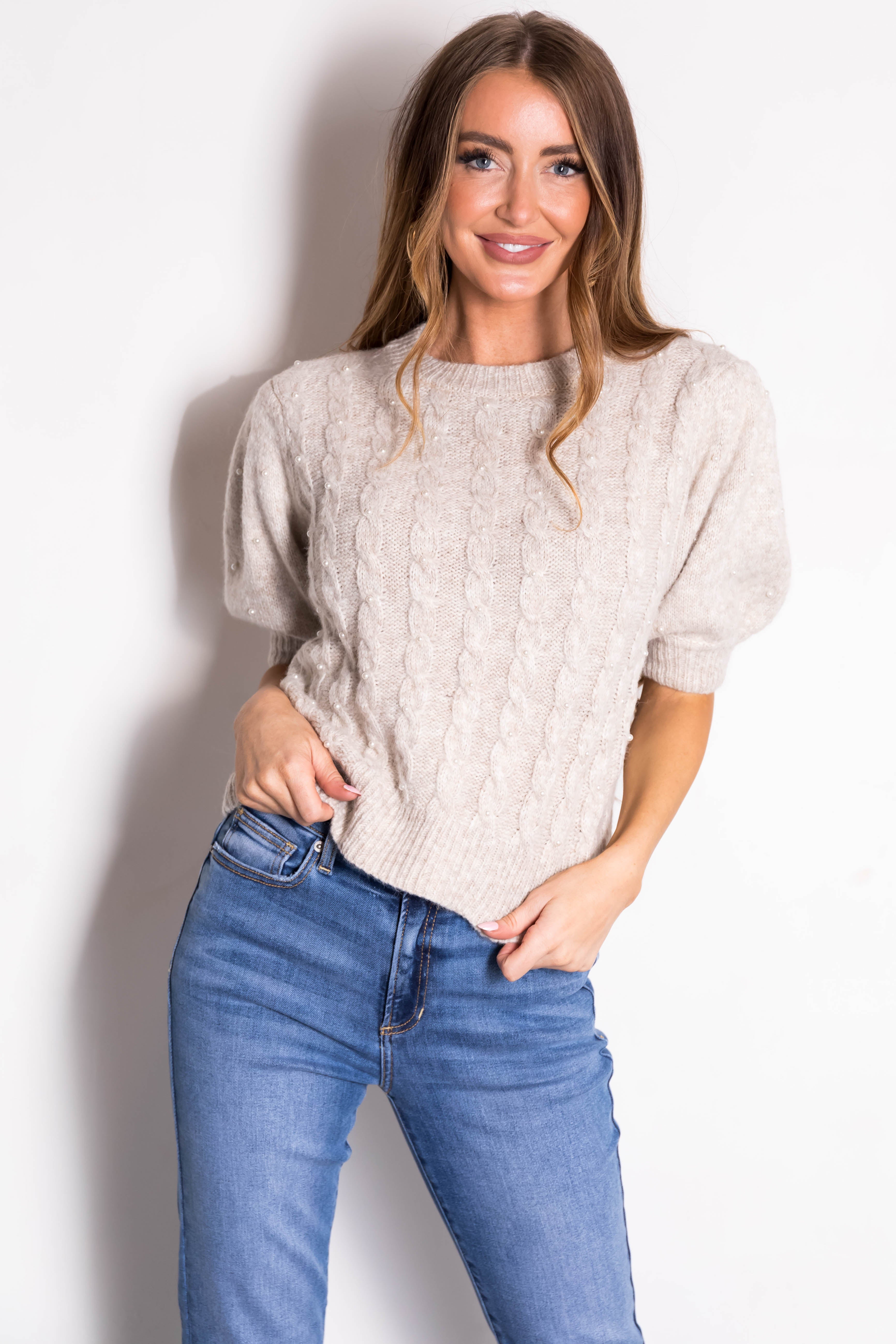 She+Sky Cream Cable Knit Pearl Studded Short Sleeve Sweater