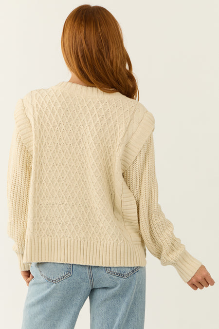 She+Sky Cream Lattice Knit V Neck Sweater