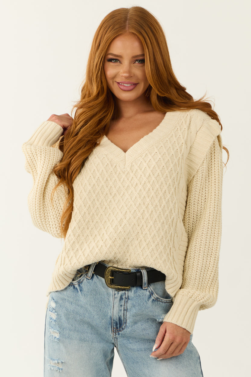 She+Sky Cream Lattice Knit V Neck Sweater