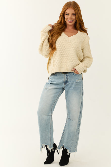 She+Sky Cream Lattice Knit V Neck Sweater