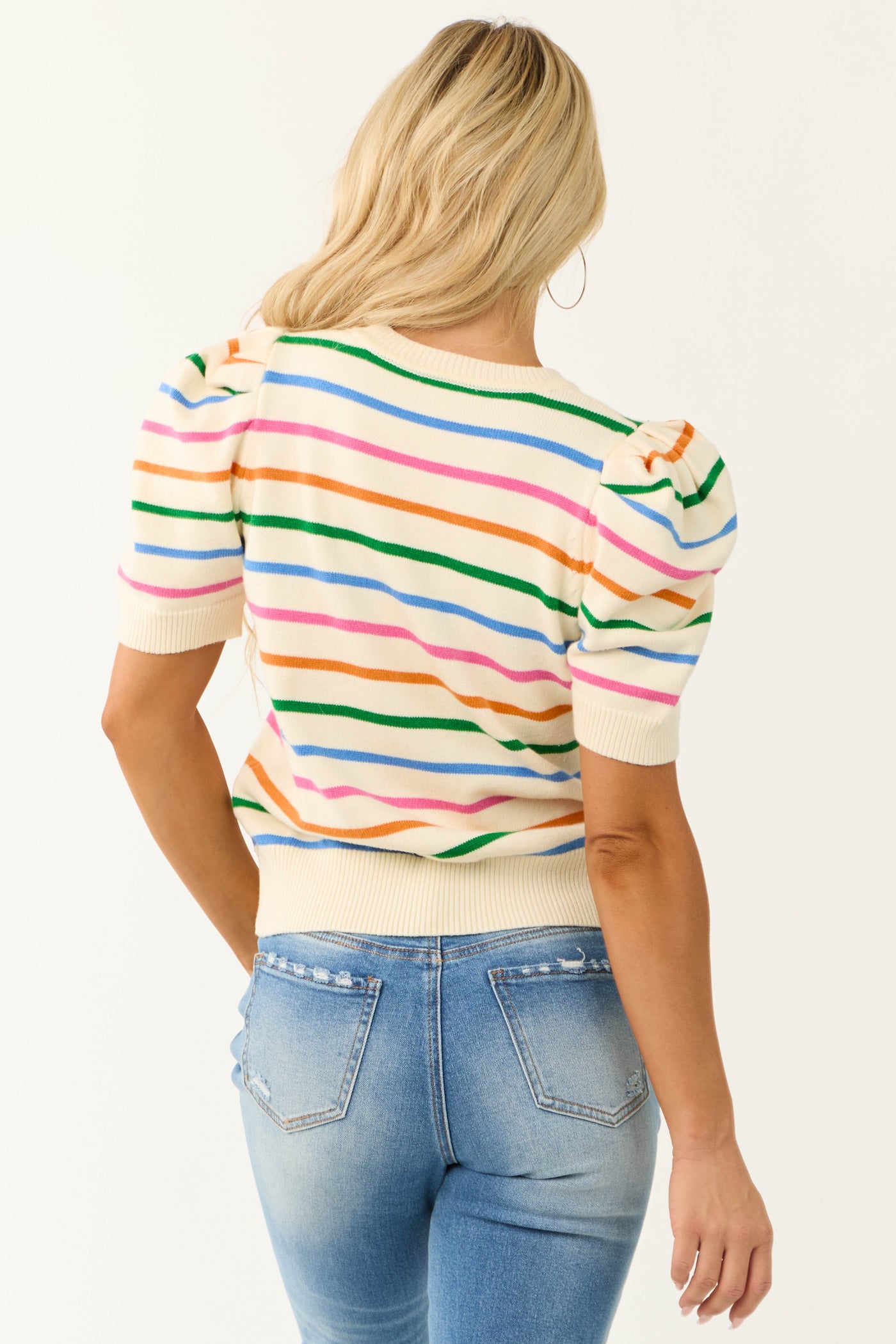 She+Sky Cream Striped Short Sleeve Sweater Top