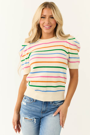 She+Sky Cream Striped Short Sleeve Sweater Top