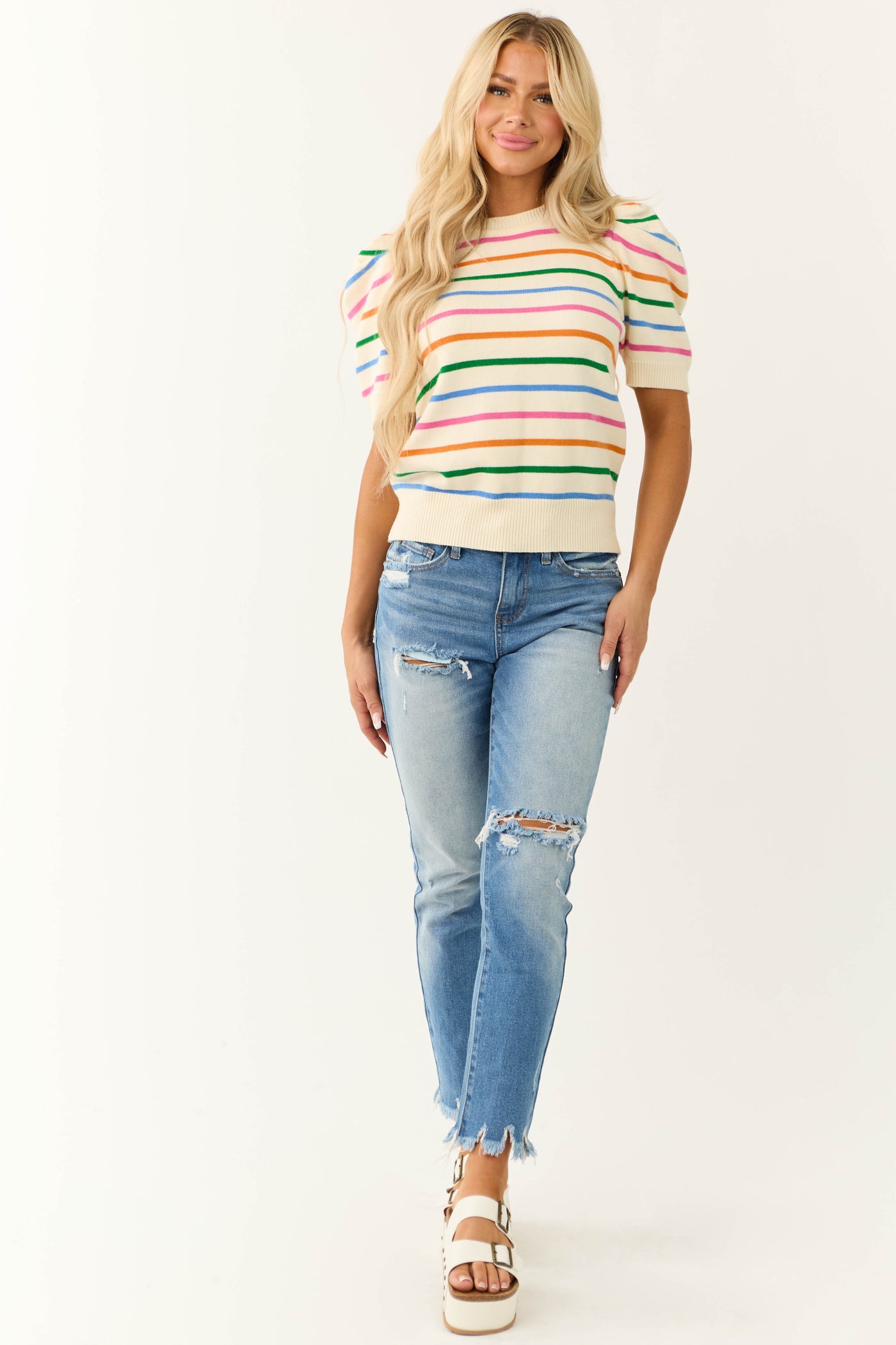 She+Sky Cream Striped Short Sleeve Sweater Top