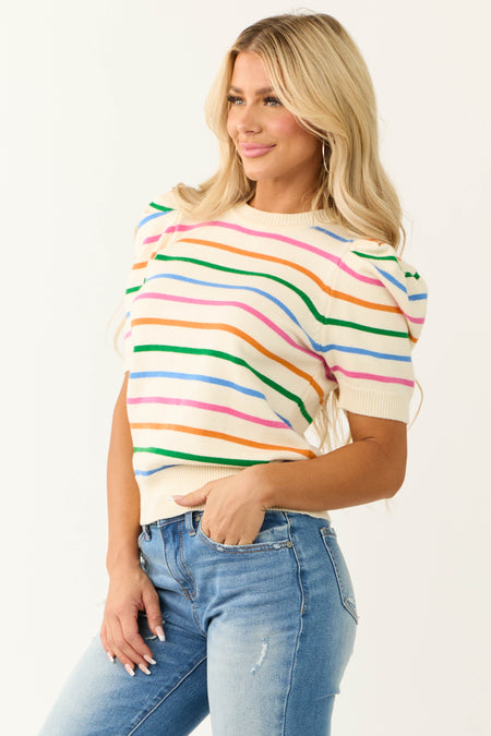 She+Sky Cream Striped Short Sleeve Sweater Top