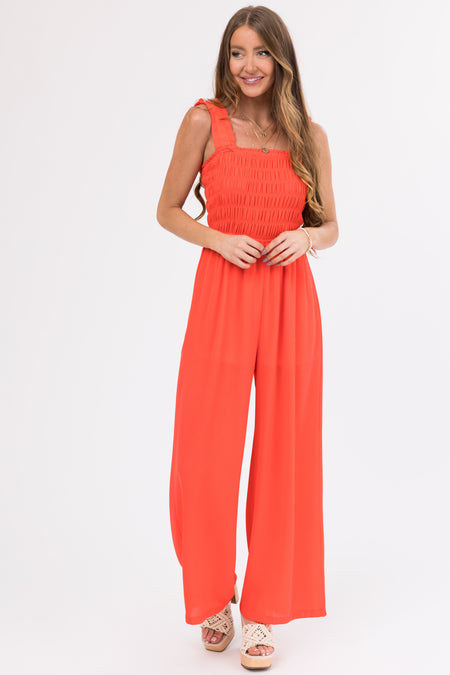 She+Sky Crimson Smocked Jumpsuit with Ruffle Strap