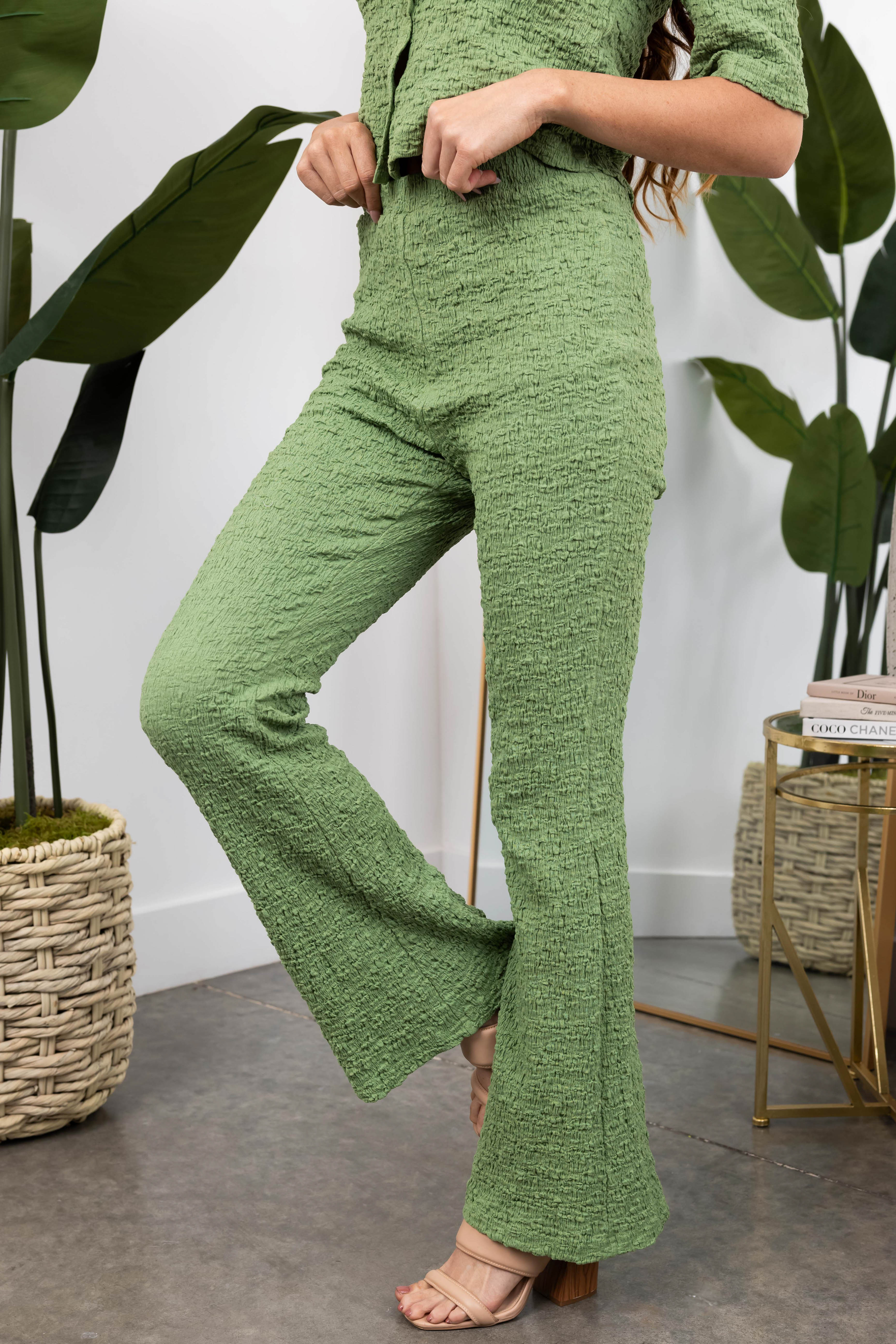 She+Sky Dark Sage Flare Leg Textured Knit Pants