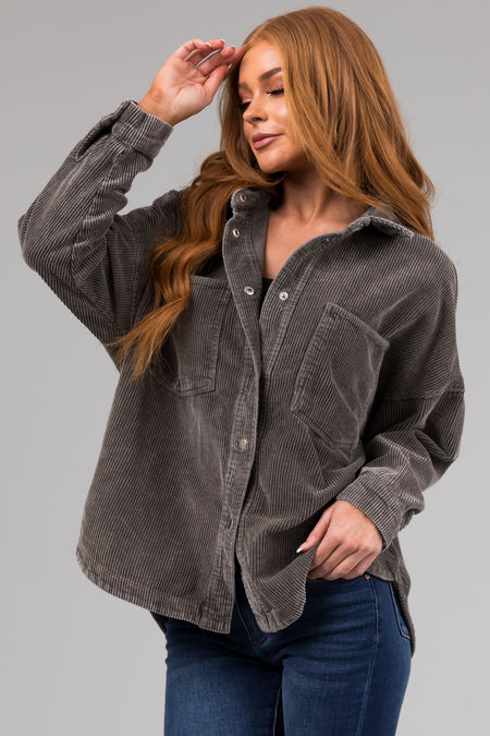 She+Sky Faded Olive Snap Button Corduroy Shacket