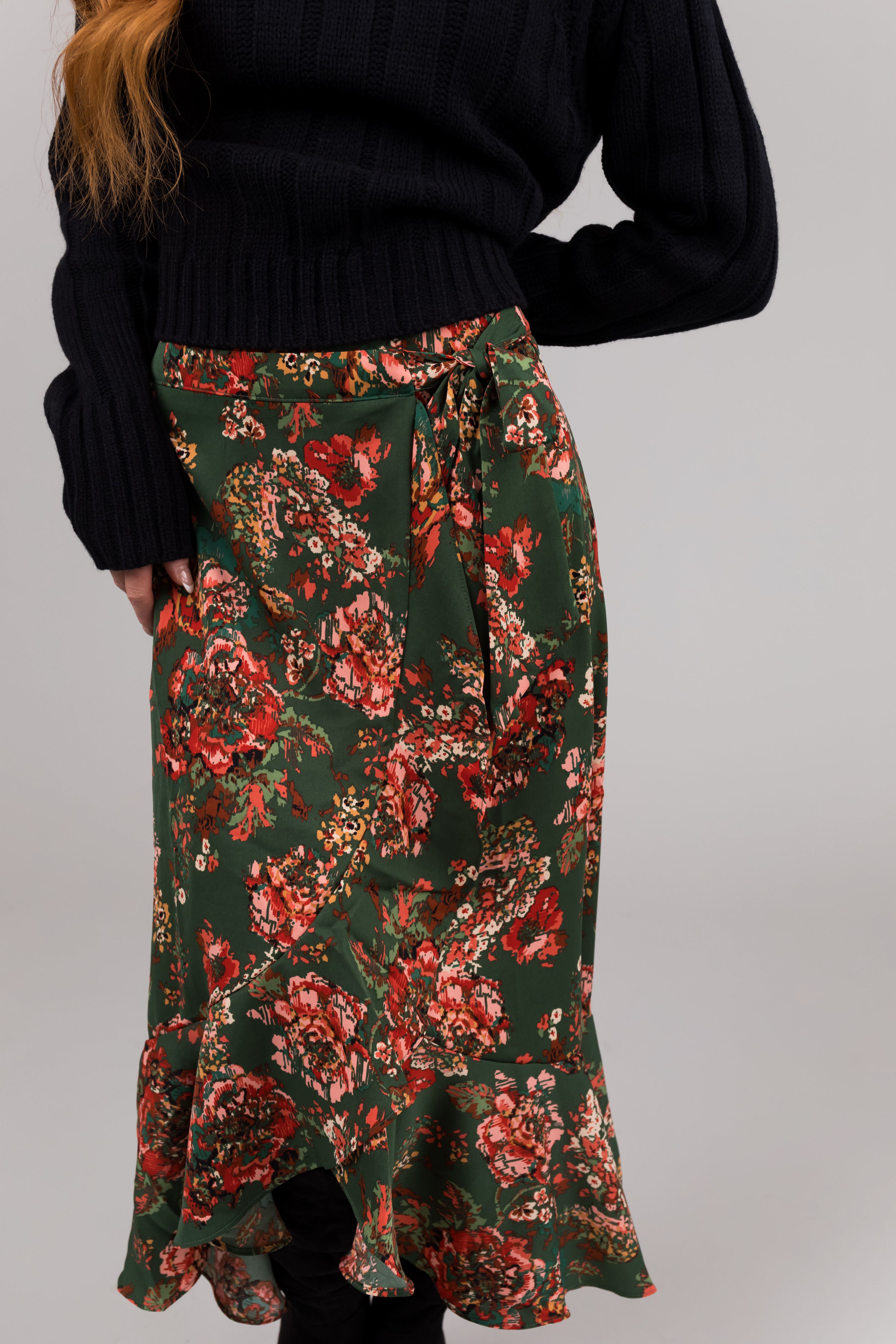 She+Sky Forest Green Floral Print Midi Skirt