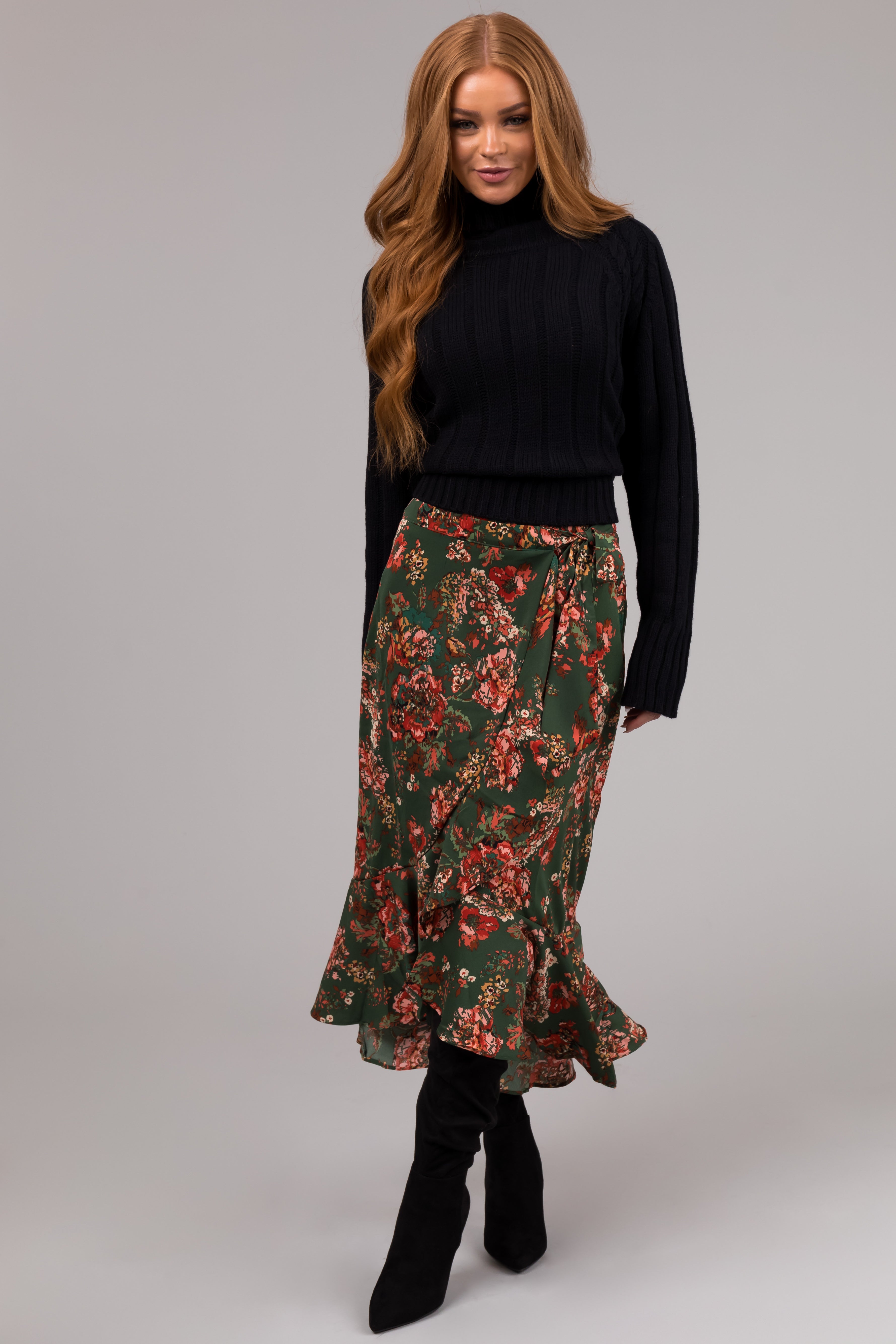 She+Sky Forest Green Floral Print Midi Skirt