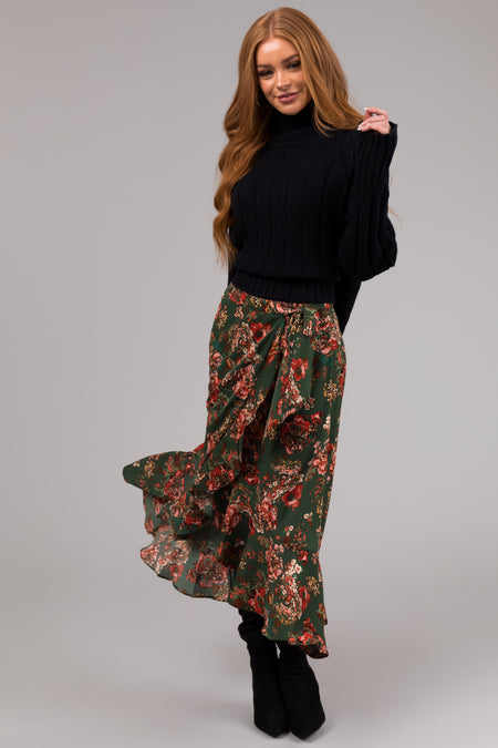 She+Sky Forest Green Floral Print Midi Skirt