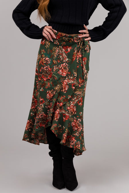 She+Sky Forest Green Floral Print Midi Skirt