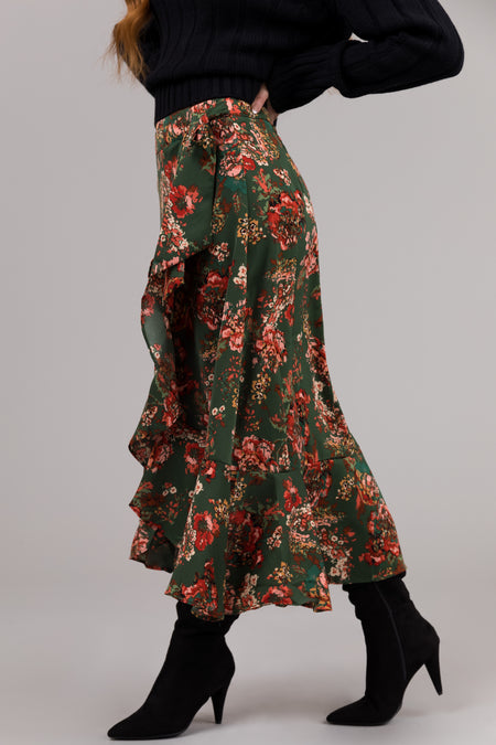 She+Sky Forest Green Floral Print Midi Skirt