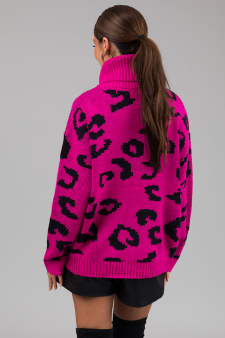 She+Sky Fuchsia Leopard Turtleneck Sweater