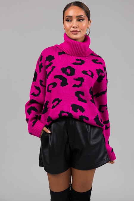 She+Sky Fuchsia Leopard Turtleneck Sweater