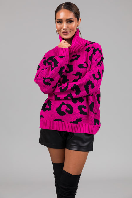 She+Sky Fuchsia Leopard Turtleneck Sweater