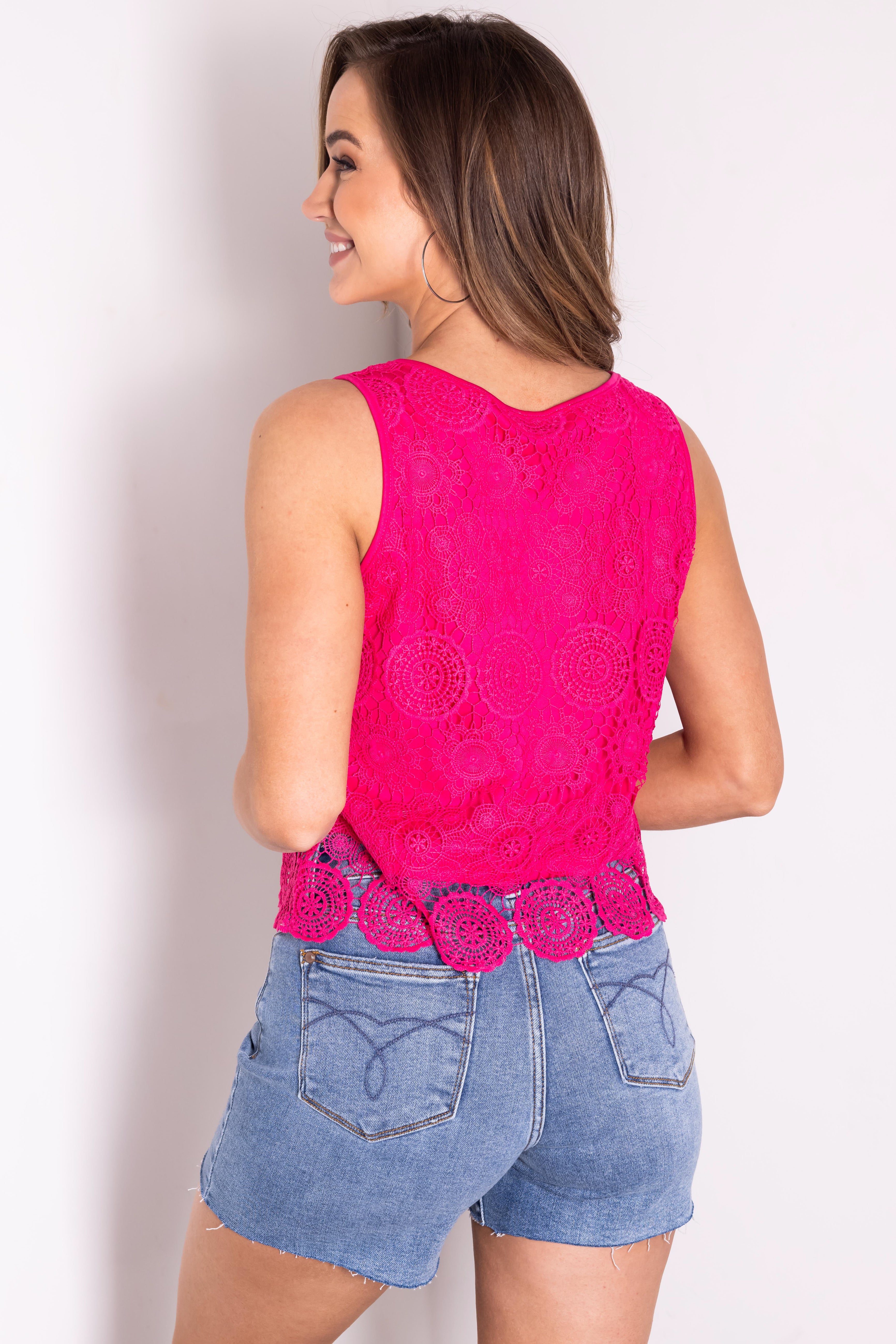 She+Sky Hot Pink Crochet Lace Tank Top