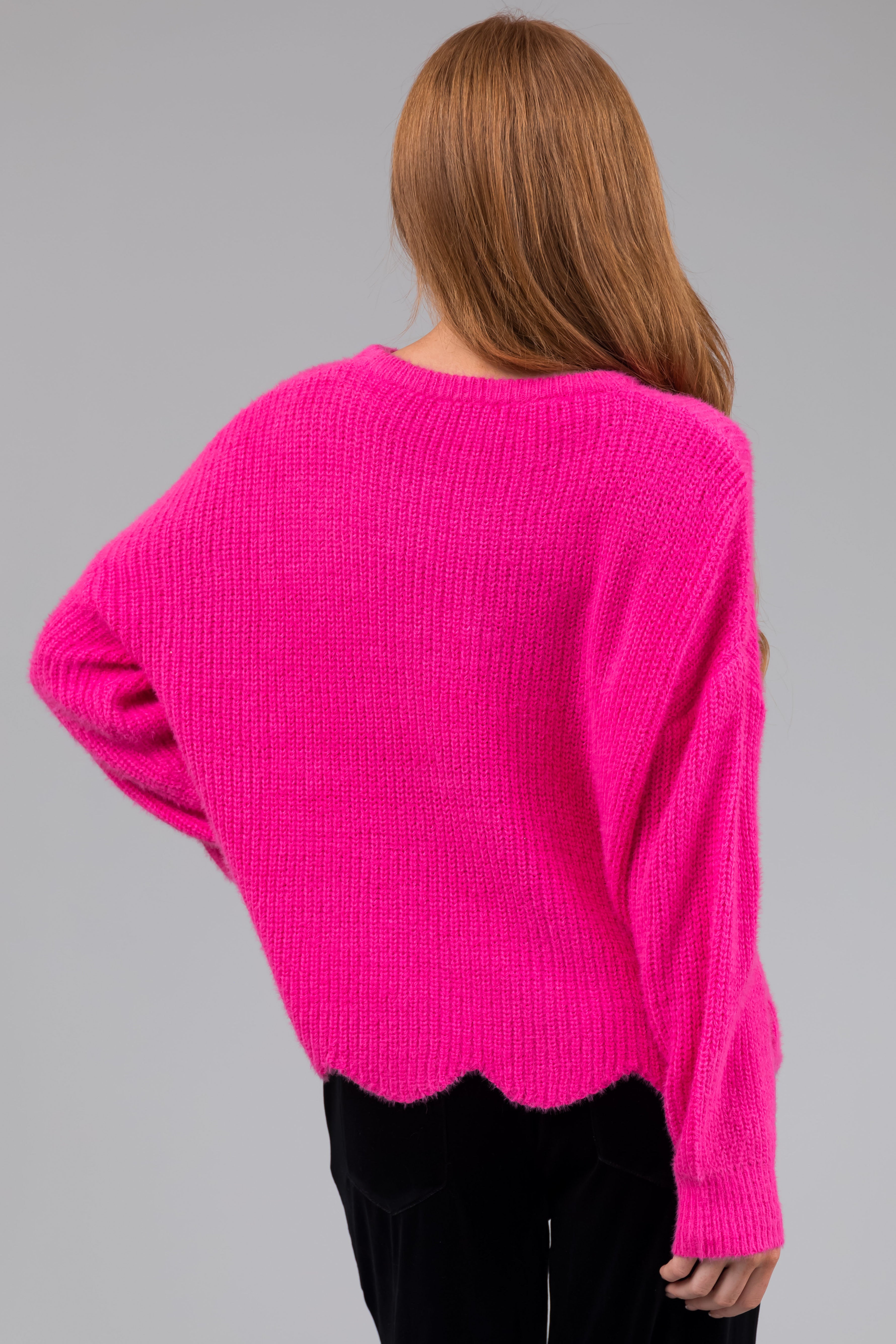 She+Sky Hot Pink Scallop Hem Knit Sweater