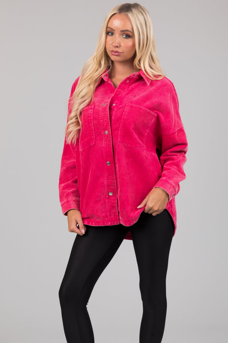 She+Sky Hot Pink Snap Button Corduroy Shacket