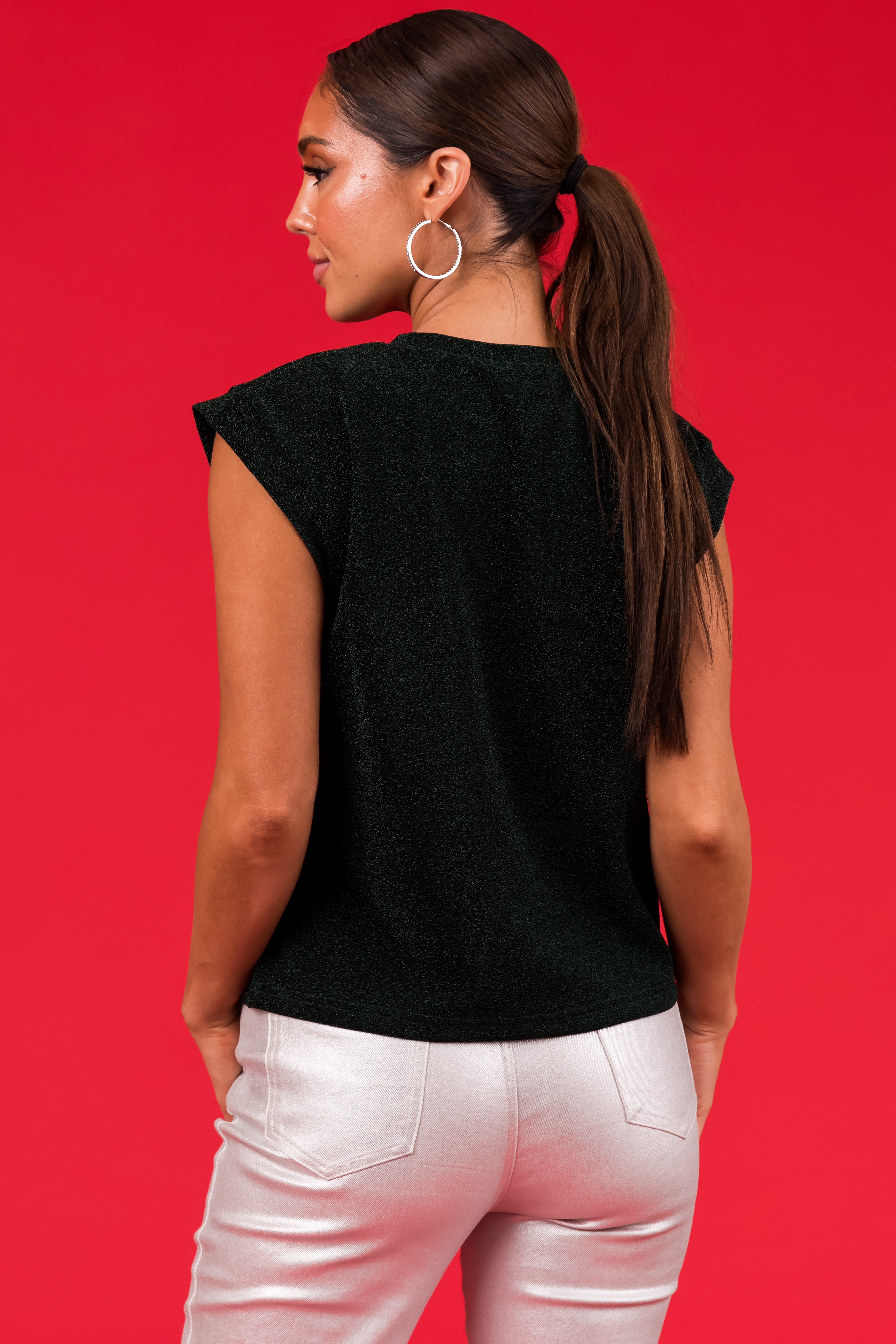 She+Sky Hunter Green Cap Sleeve Glitter Knit Top | Lime Lush
