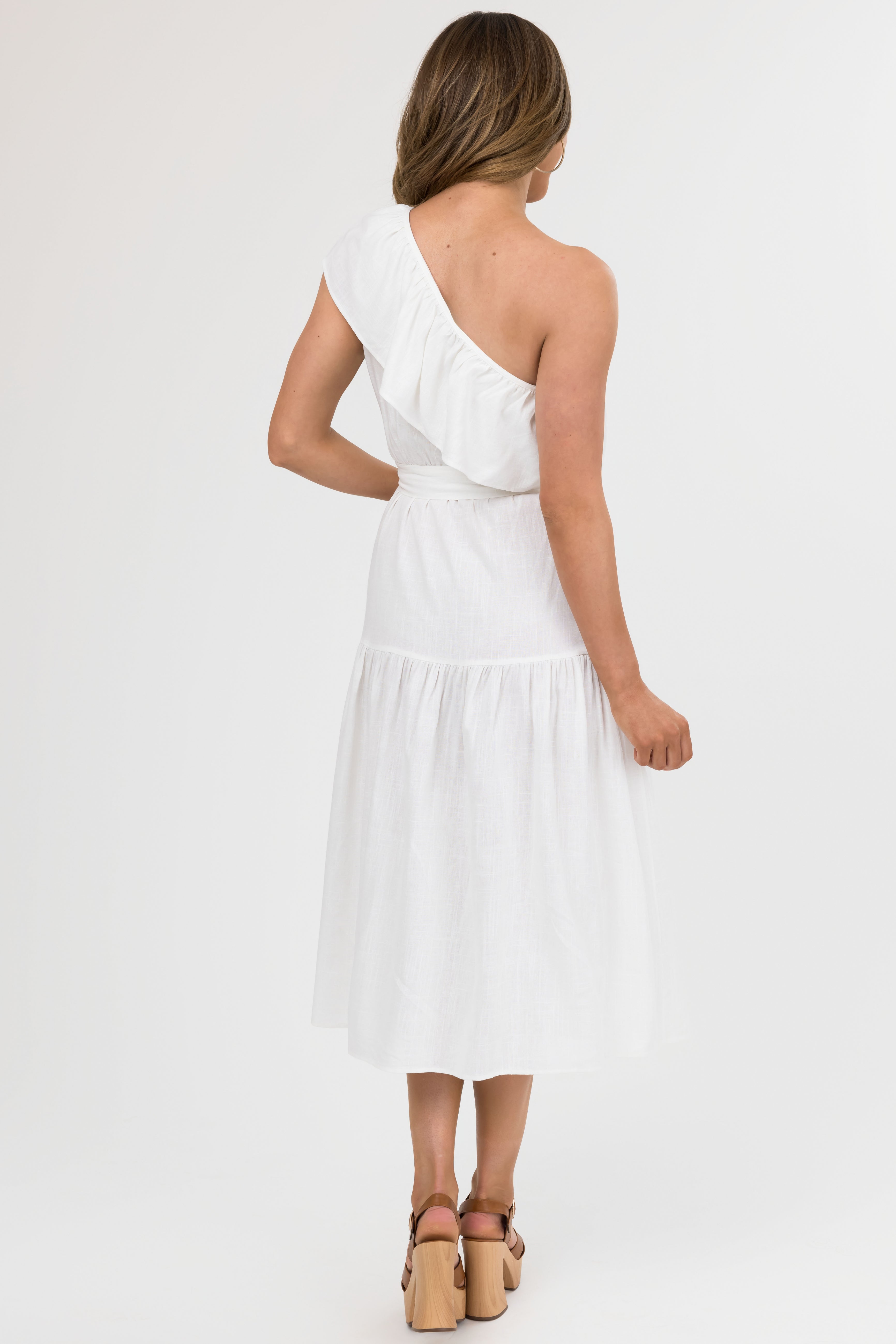 She+Sky Ivory Ruffle One Shoulder Midi Dress