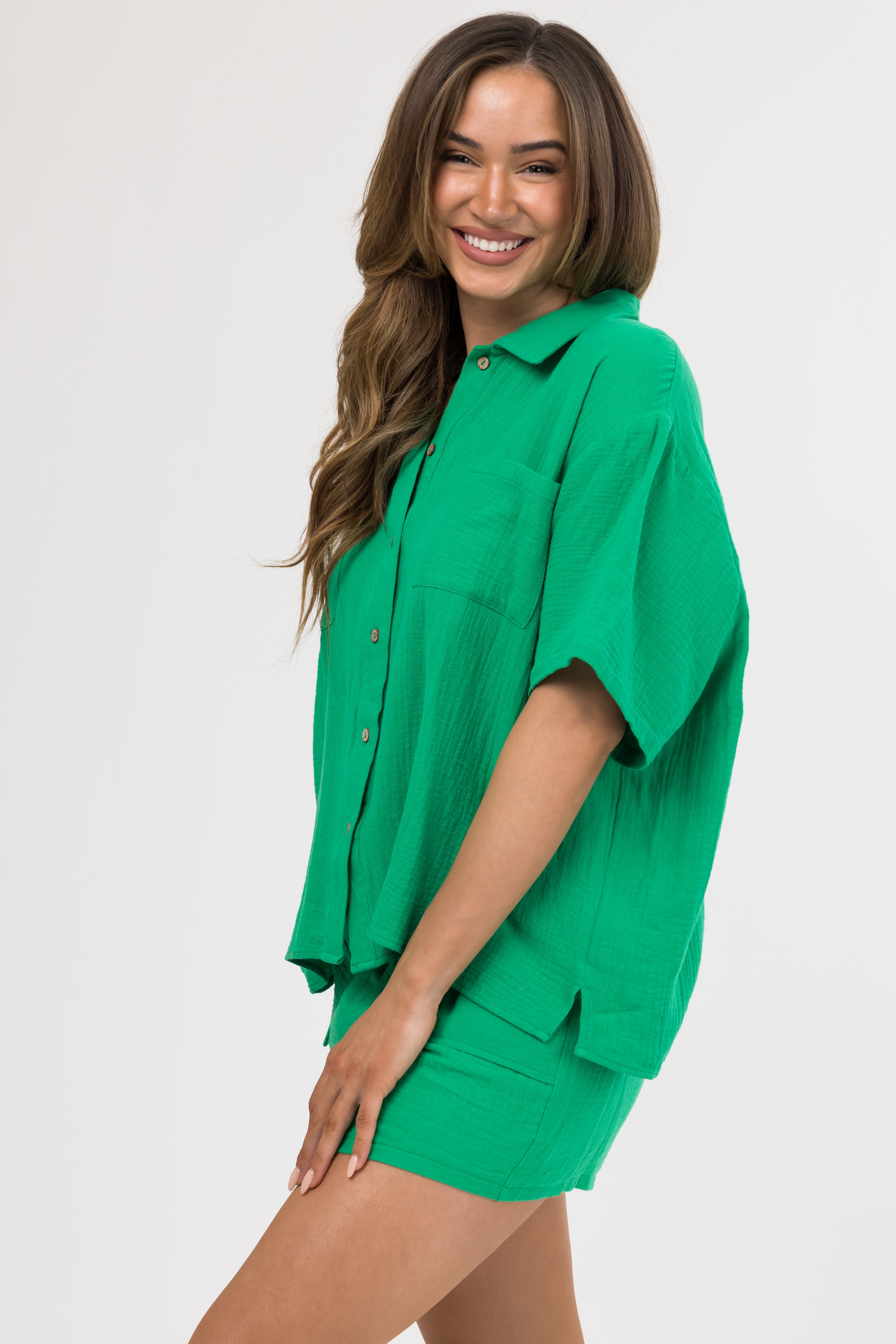 She+Sky Jade Chest Pocket Half Sleeve Shirt