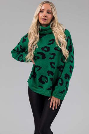 She+Sky Kelly Green Leopard Turtleneck Sweater