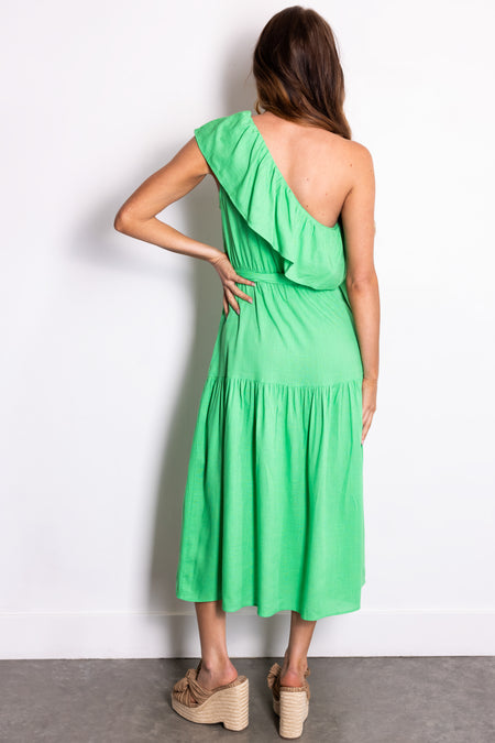 She+Sky Kelly Green Ruffle One Shoulder Midi Dress