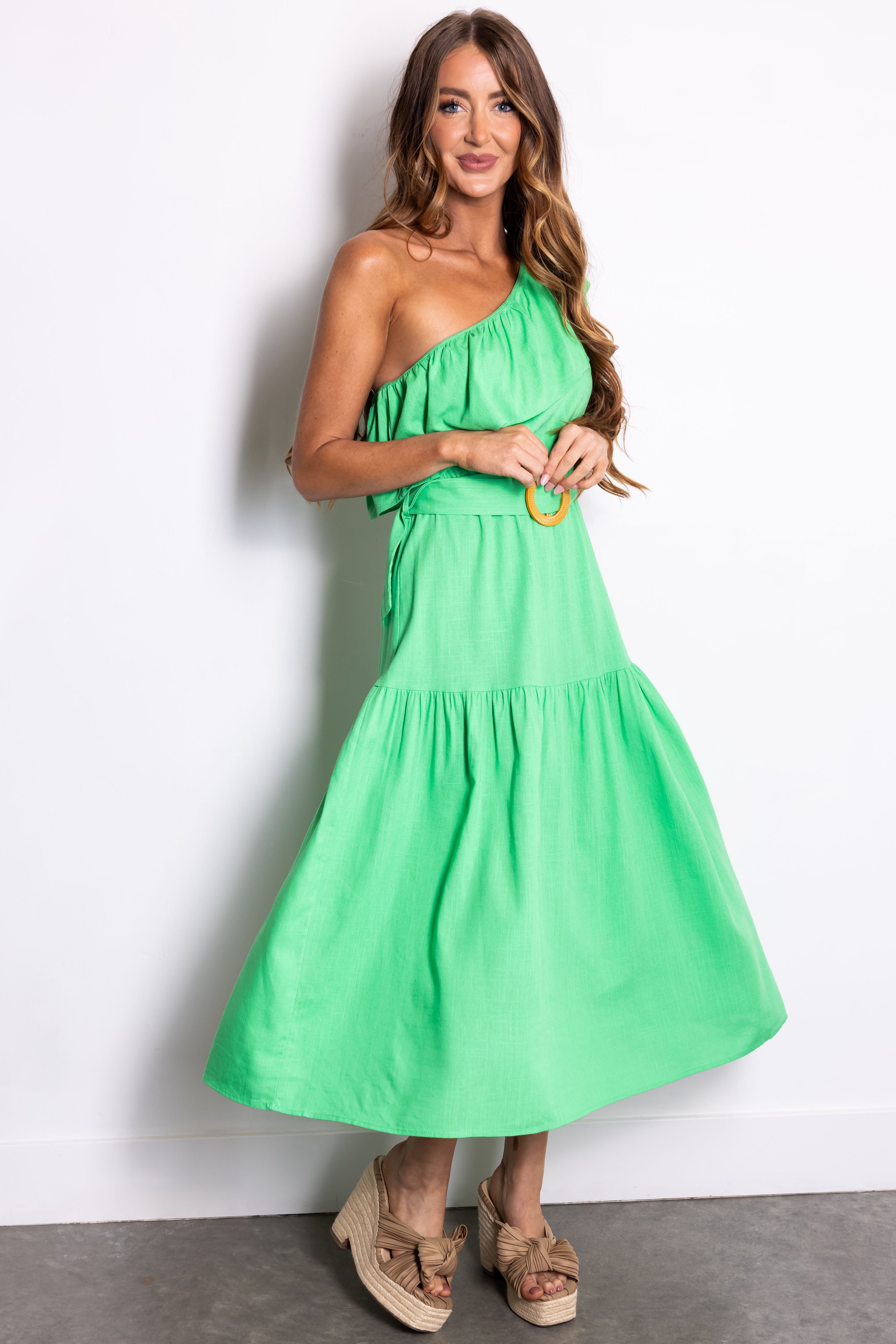 She+Sky Kelly Green Ruffle One Shoulder Midi Dress