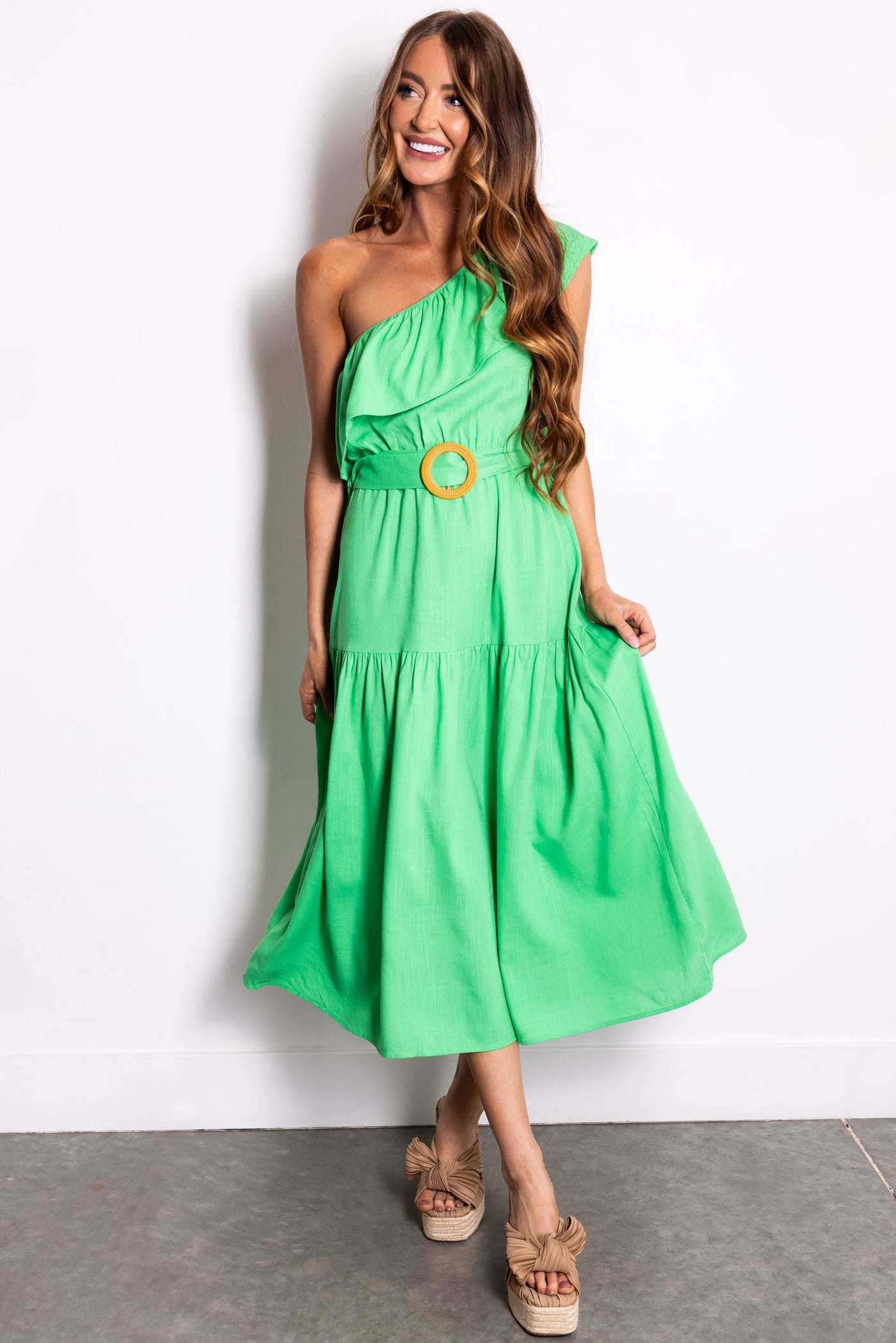She+Sky Kelly Green Ruffle One Shoulder Midi Dress | Lime Lush
