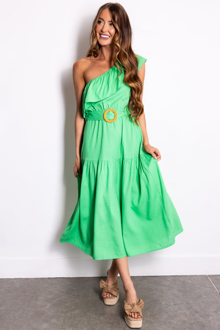 She+Sky Kelly Green Ruffle One Shoulder Midi Dress