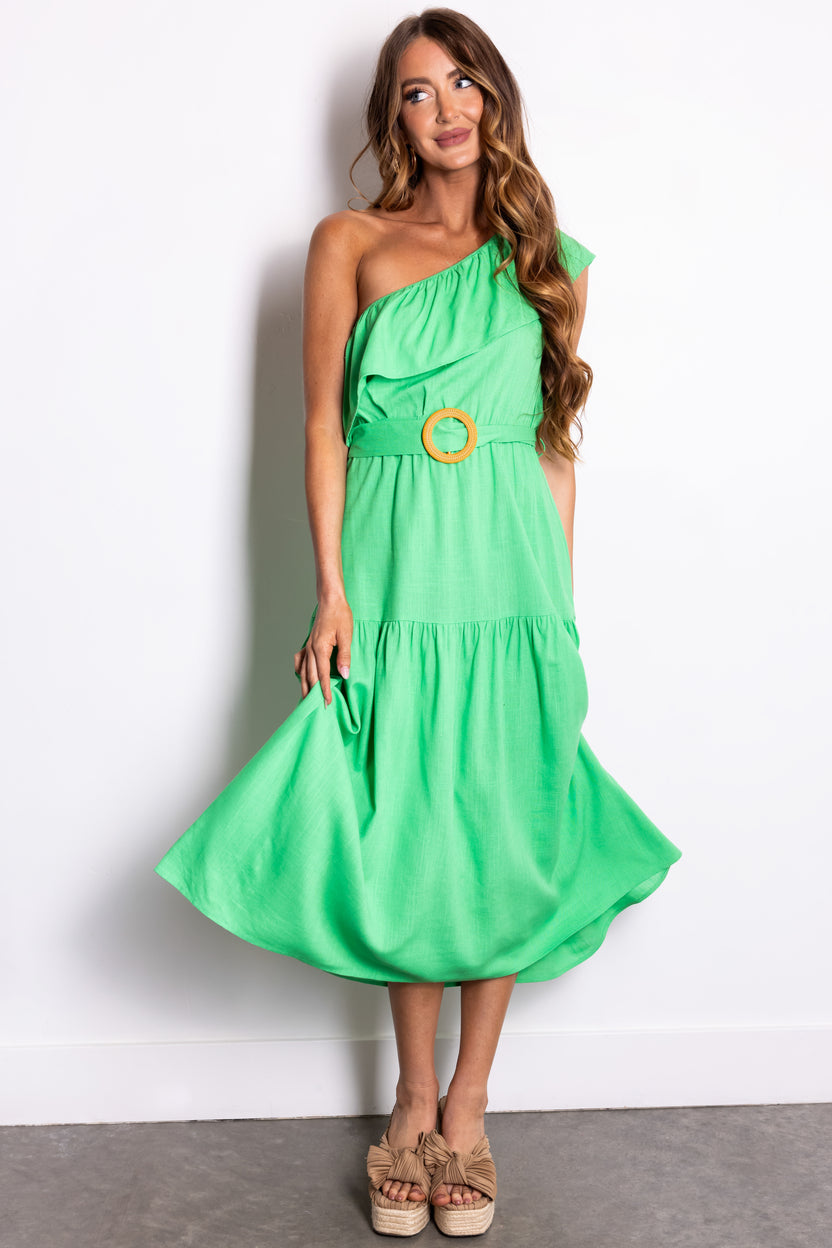 She+Sky Kelly Green Ruffle One Shoulder Midi Dress