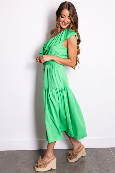 She+Sky Kelly Green Ruffle One Shoulder Midi Dress