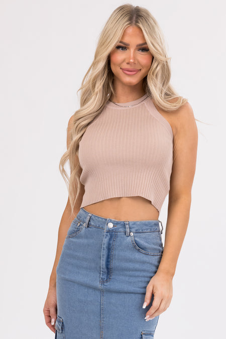 She+Sky Latte Halter Neck Ribbed Crop Top