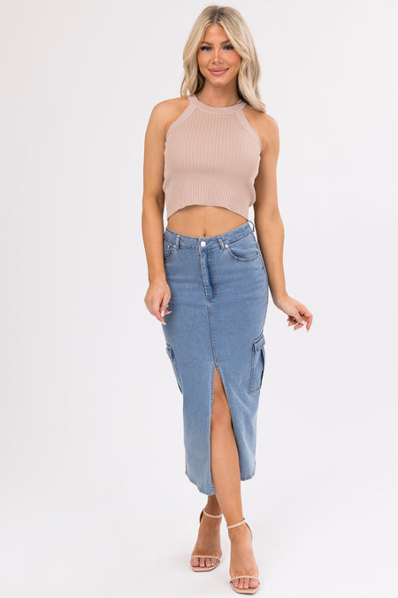 She+Sky Latte Halter Neck Ribbed Crop Top