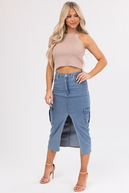 She+Sky Latte Halter Neck Ribbed Crop Top