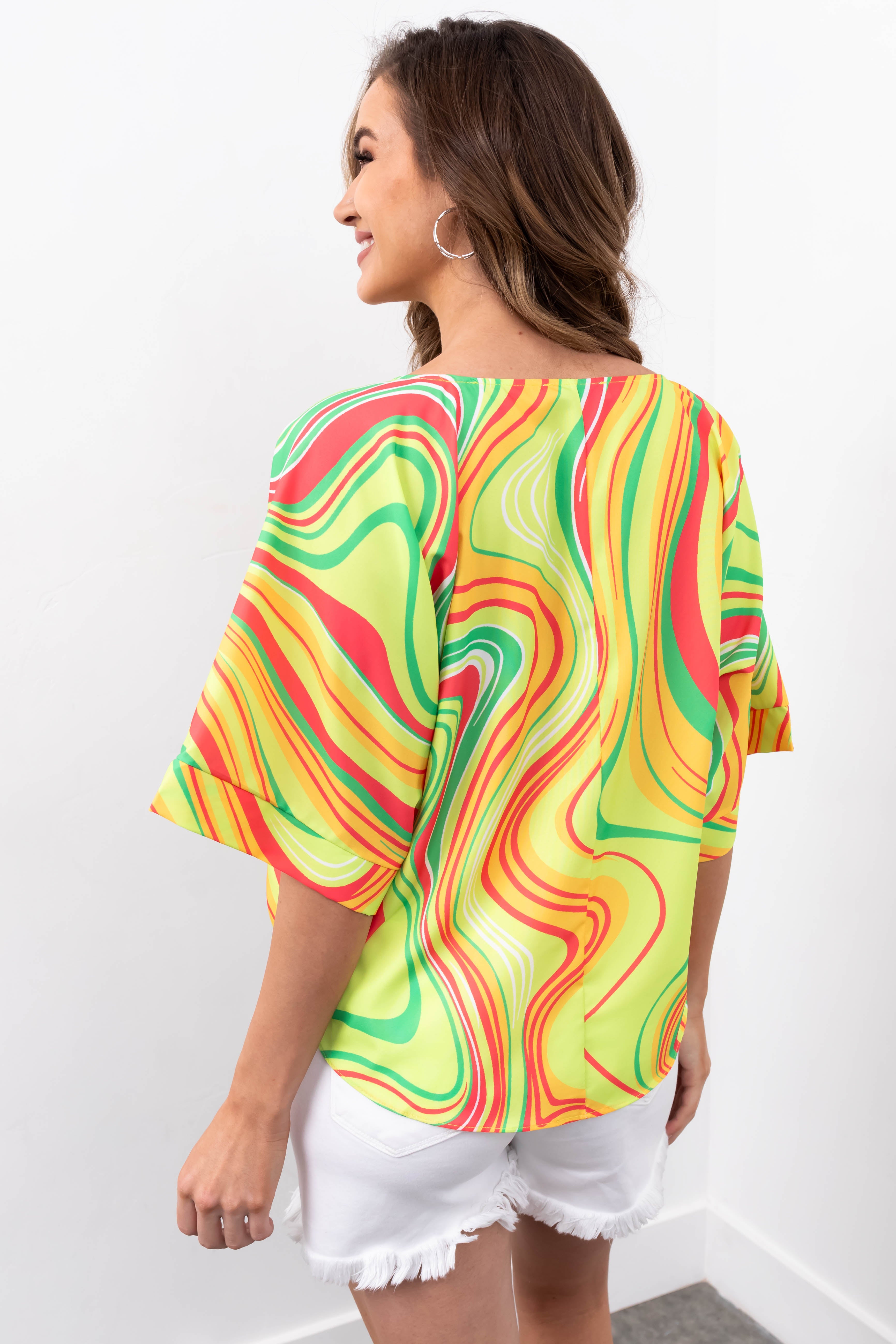 She+Sky Lime Abstract Print Side Tie Top