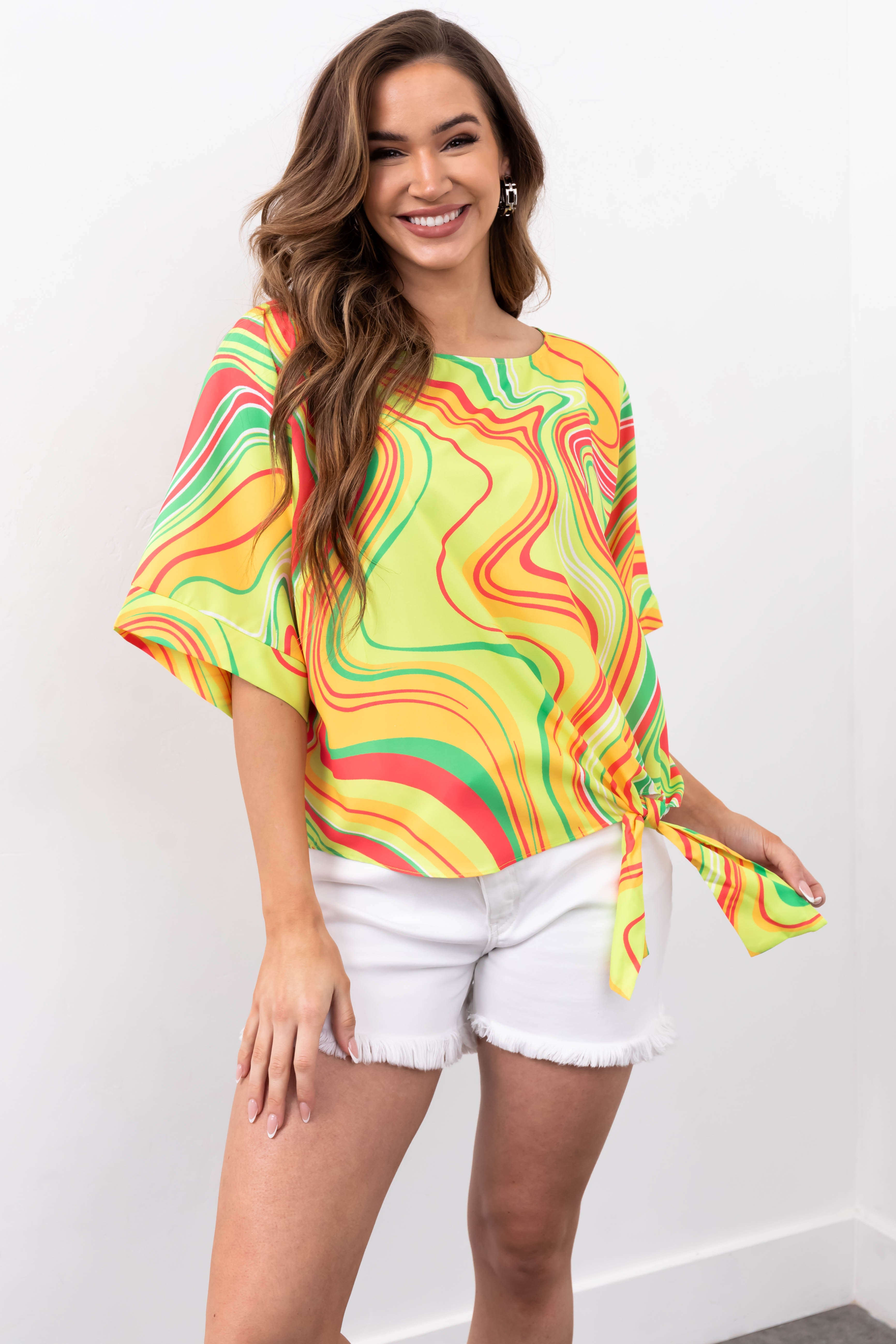 She+Sky Lime Abstract Print Side Tie Top