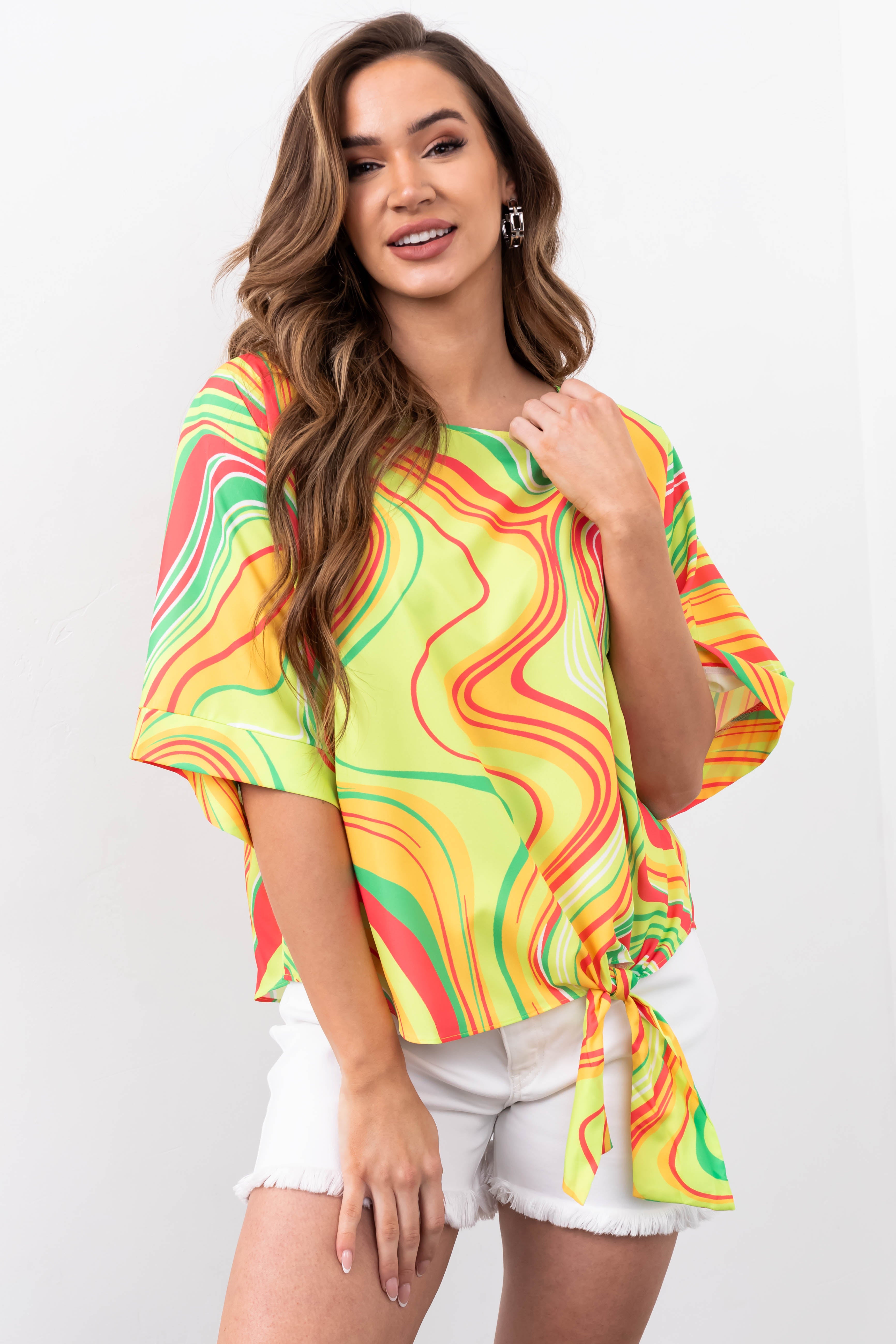 She+Sky Lime Abstract Print Side Tie Top