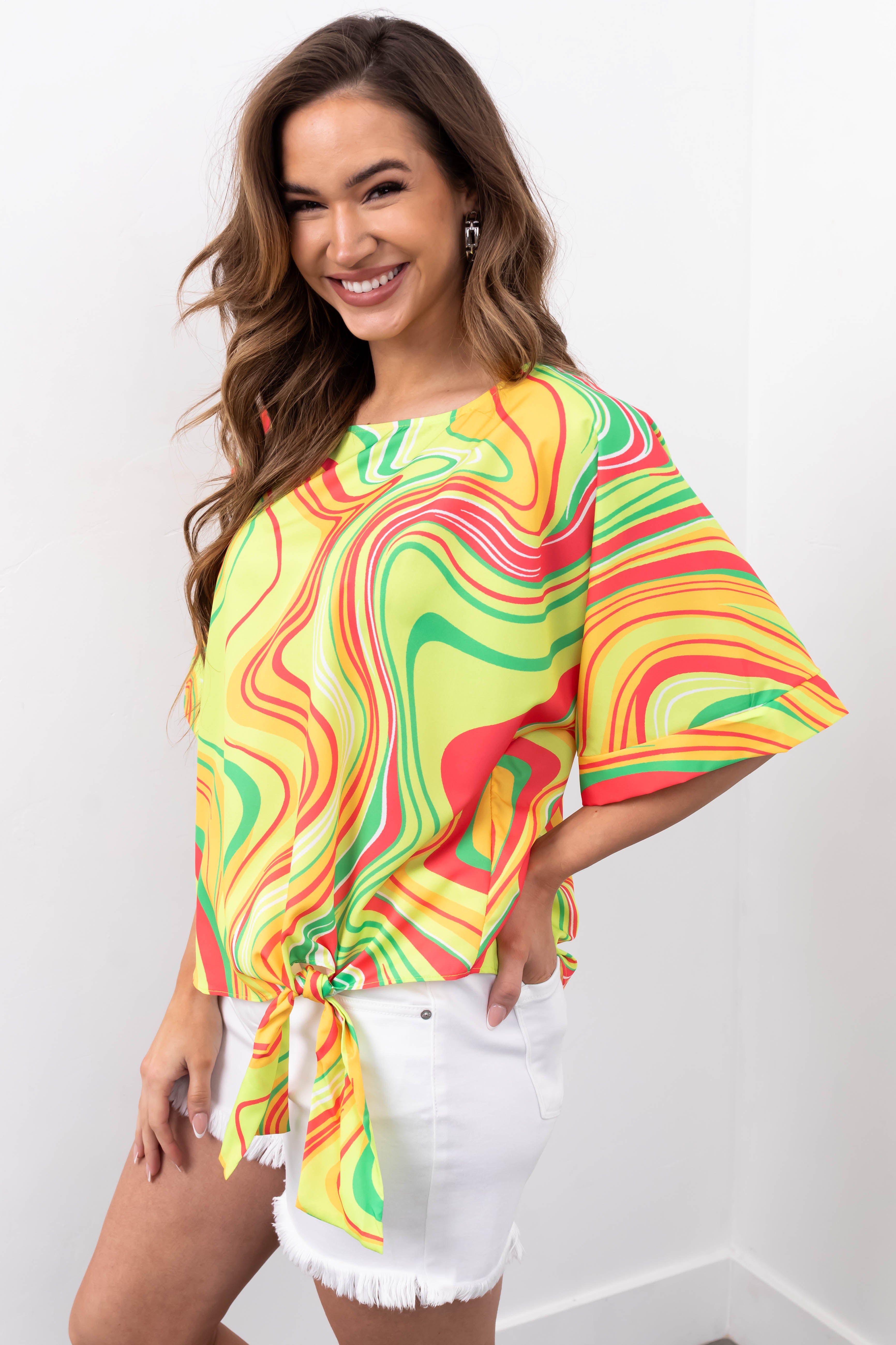 She+Sky Lime Abstract Print Side Tie Top