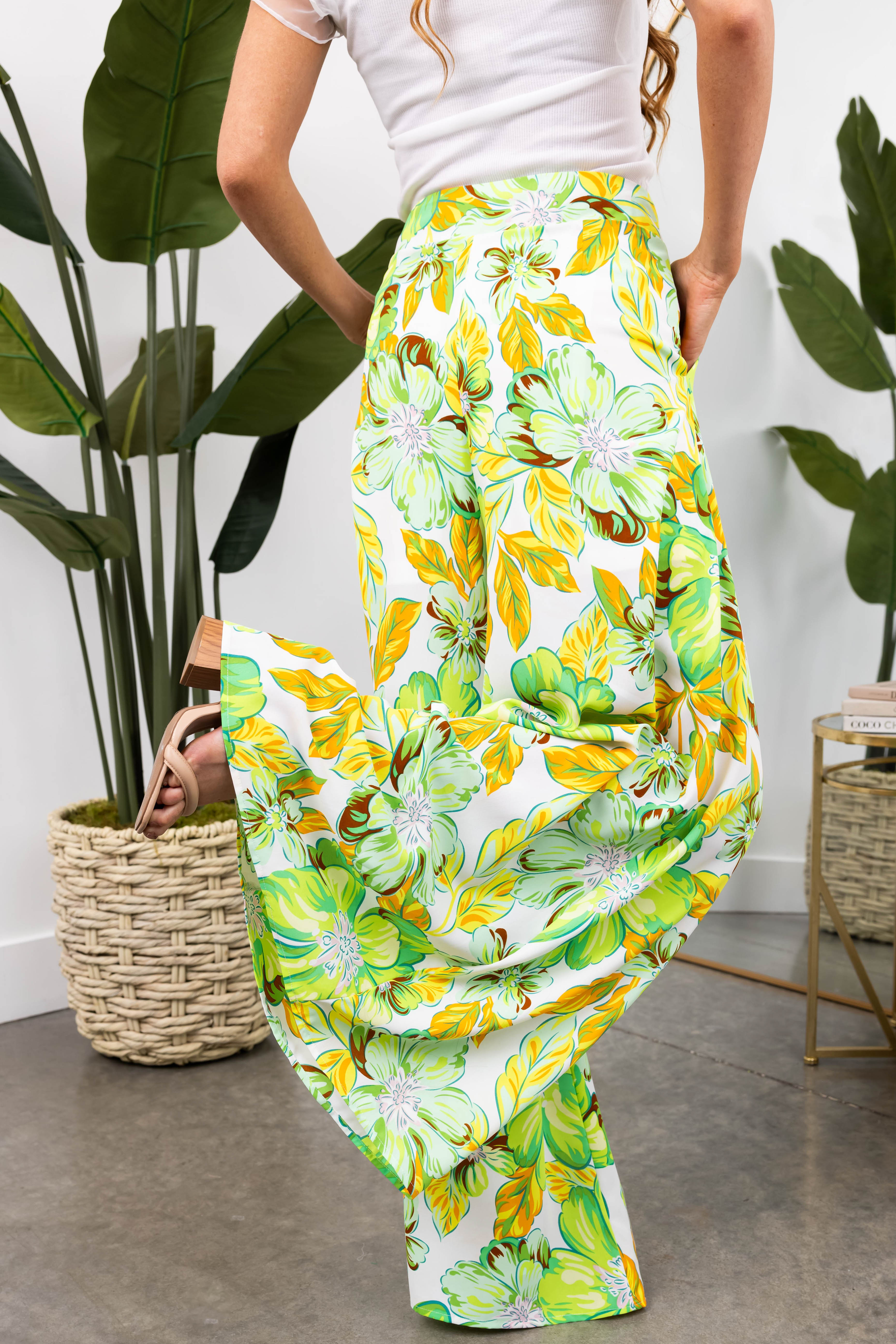 She+Sky Lime Floral Print Wide Leg Flowy Pants