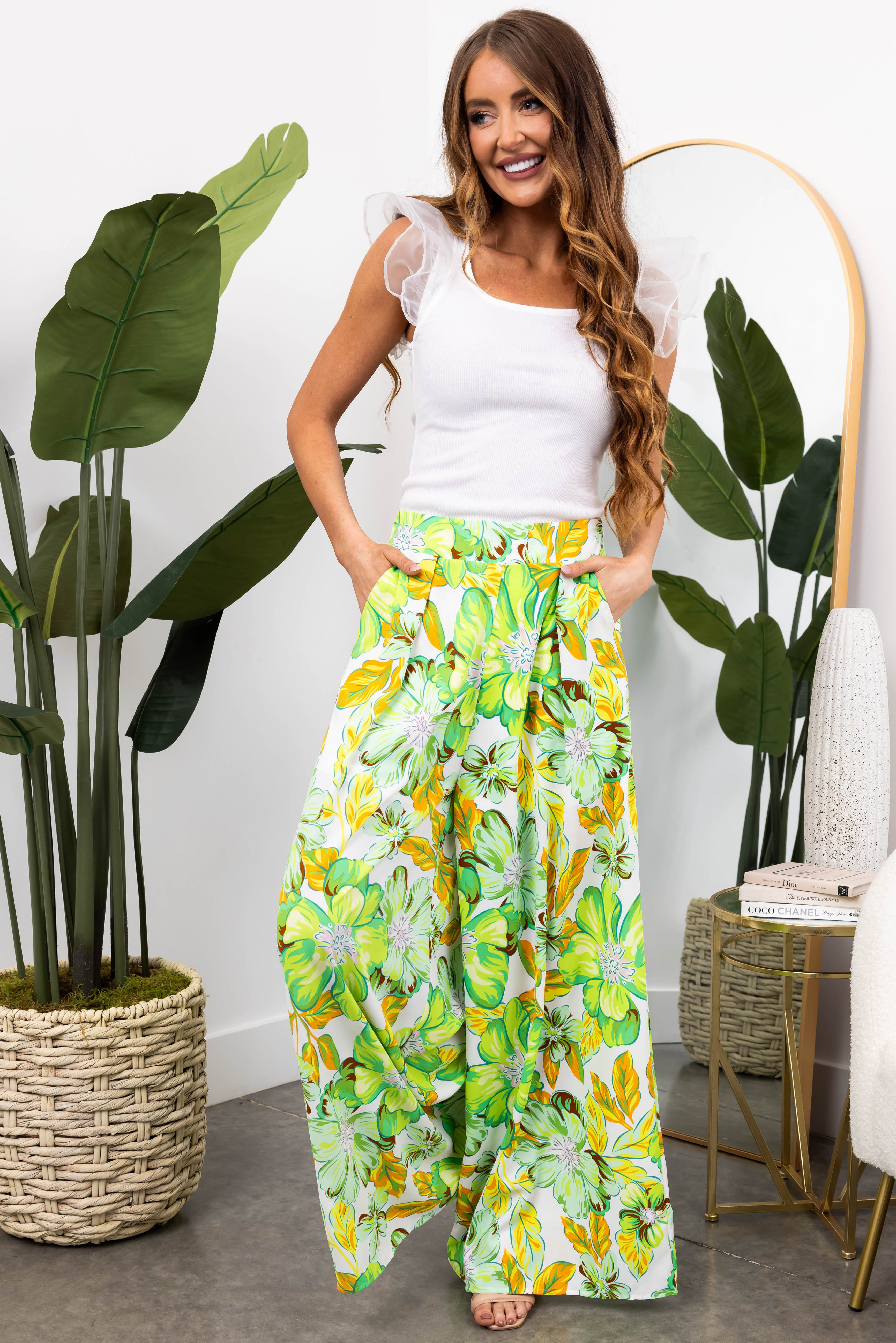 She+Sky Lime Floral Print Wide Leg Flowy Pants