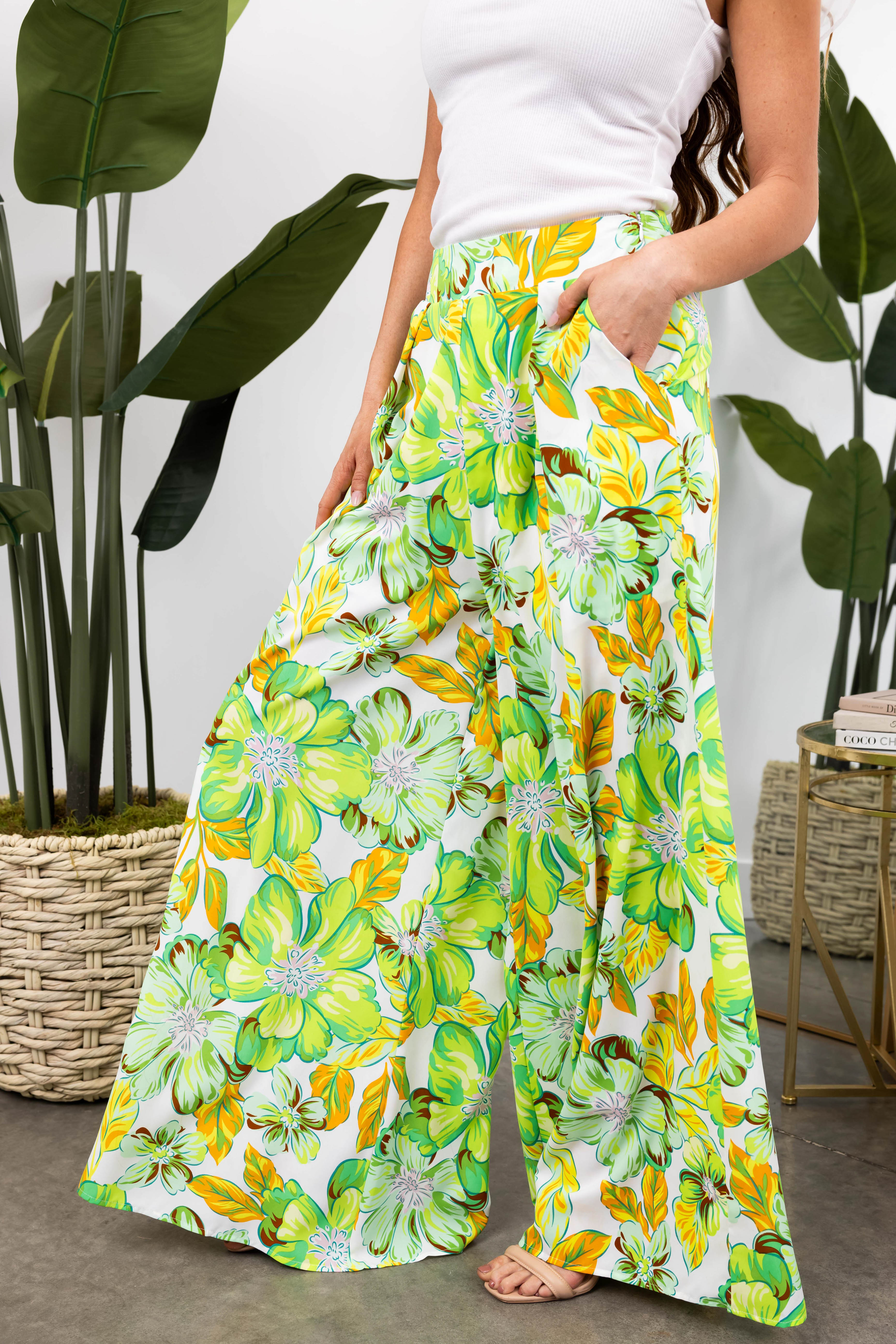 She+Sky Lime Floral Print Wide Leg Flowy Pants