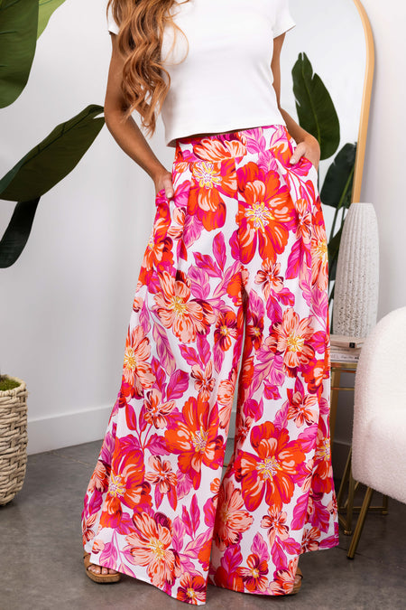 She+Sky Magenta Floral Print Wide Leg Flowy Pants