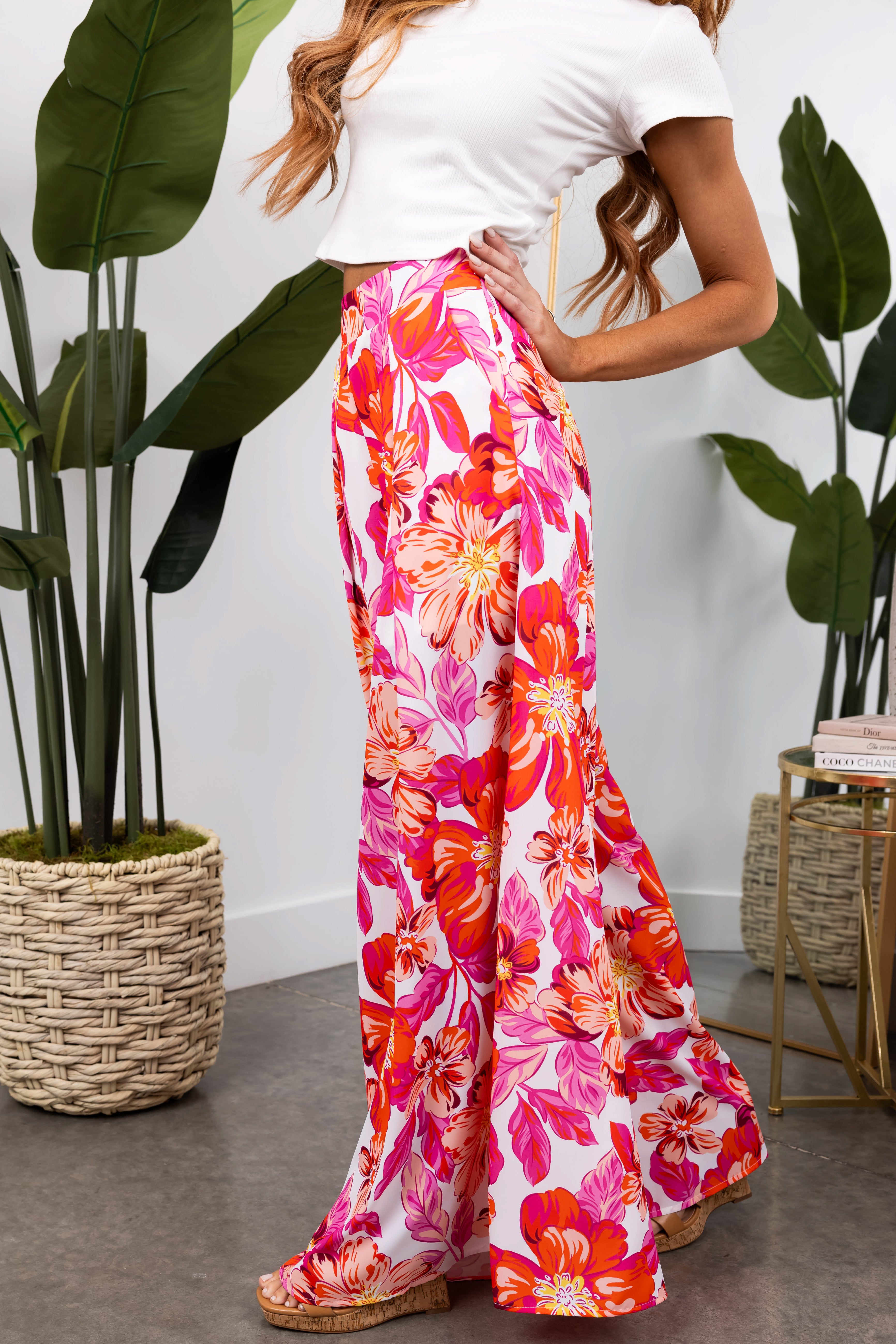 S She+Sky Magenta Floral Print Wide Leg Flowy Pants