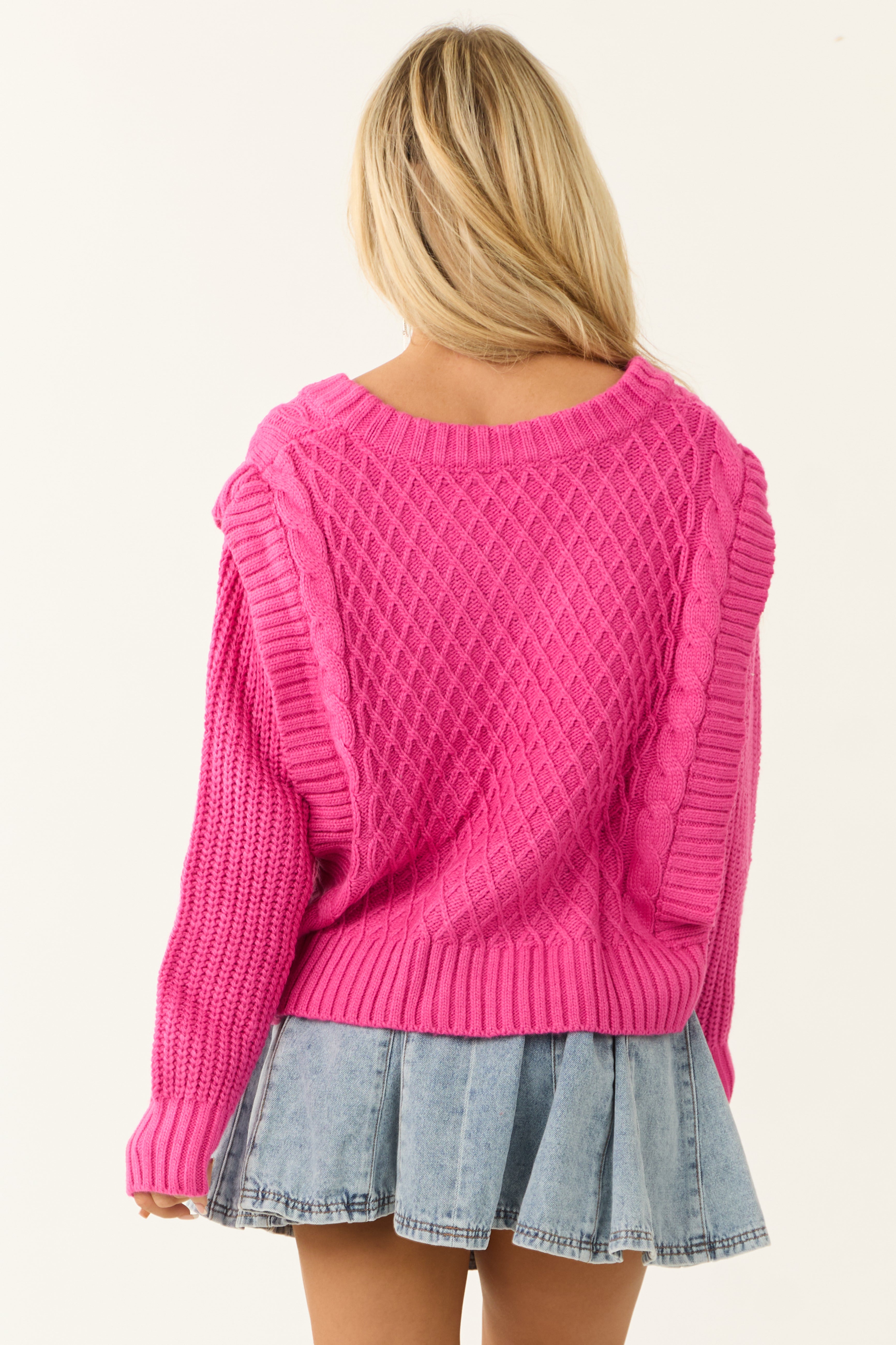 She+Sky Magenta Lattice Knit V Neck Sweater