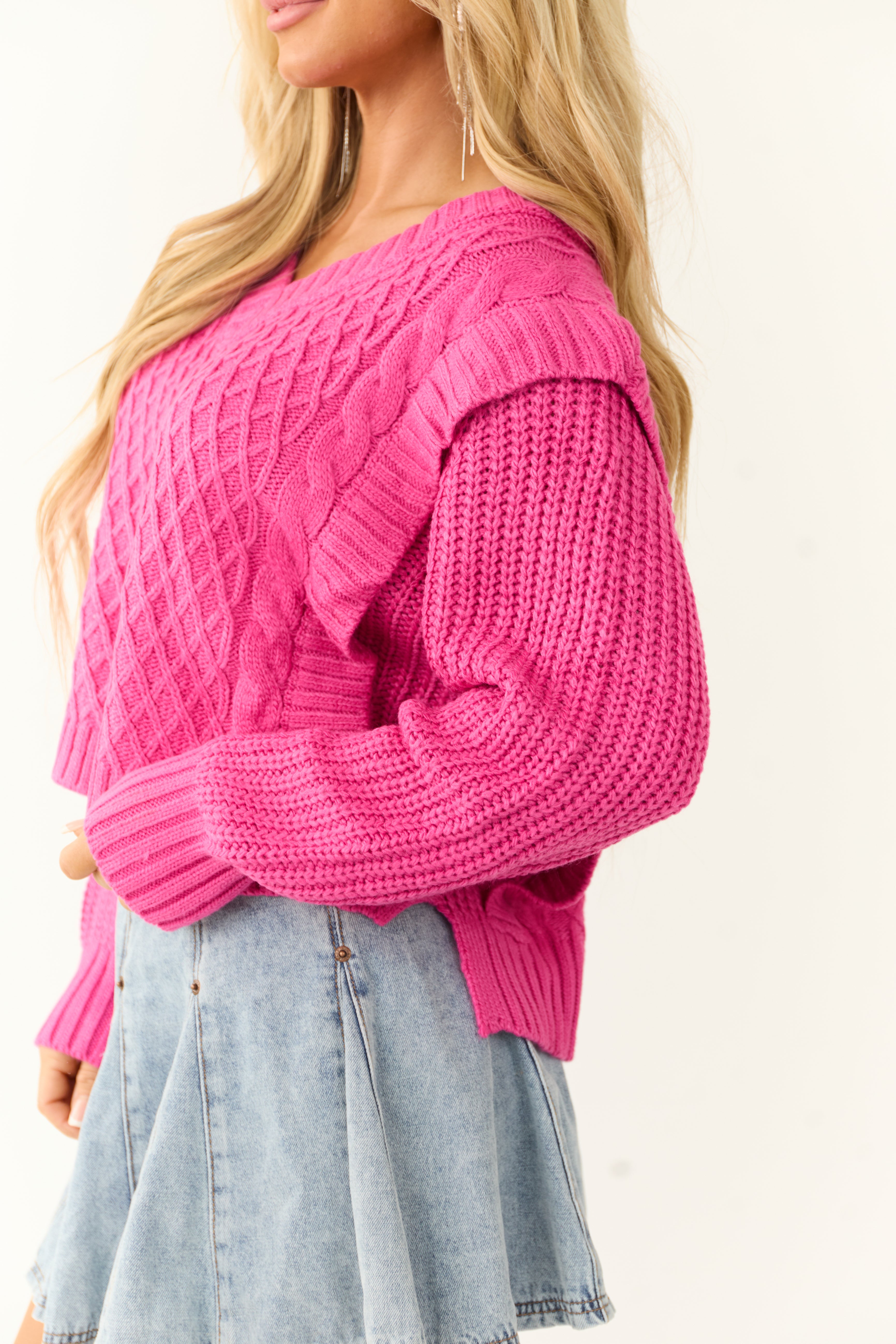 She+Sky Magenta Lattice Knit V Neck Sweater