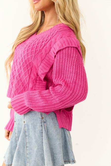 She+Sky Magenta Lattice Knit V Neck Sweater