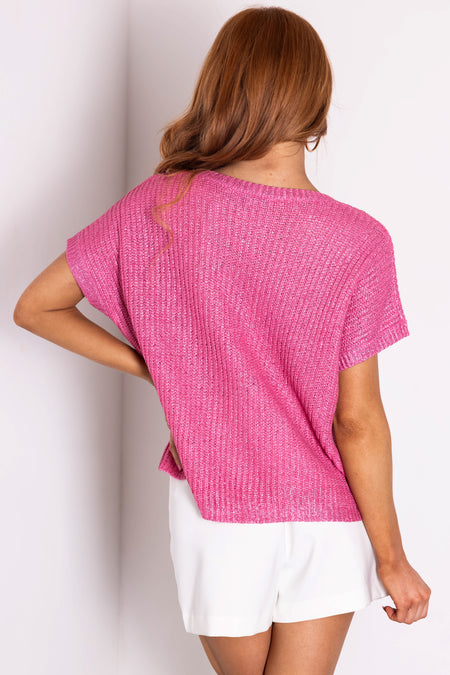 She+Sky Magenta Metallic Short Sleeve Knit Top