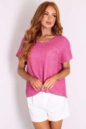 She+Sky Magenta Metallic Short Sleeve Knit Top