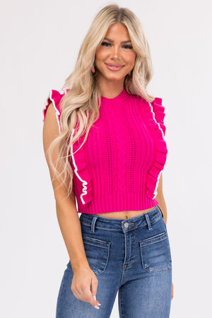 She+Sky Magenta Ruffle Cropped Knit Sweater